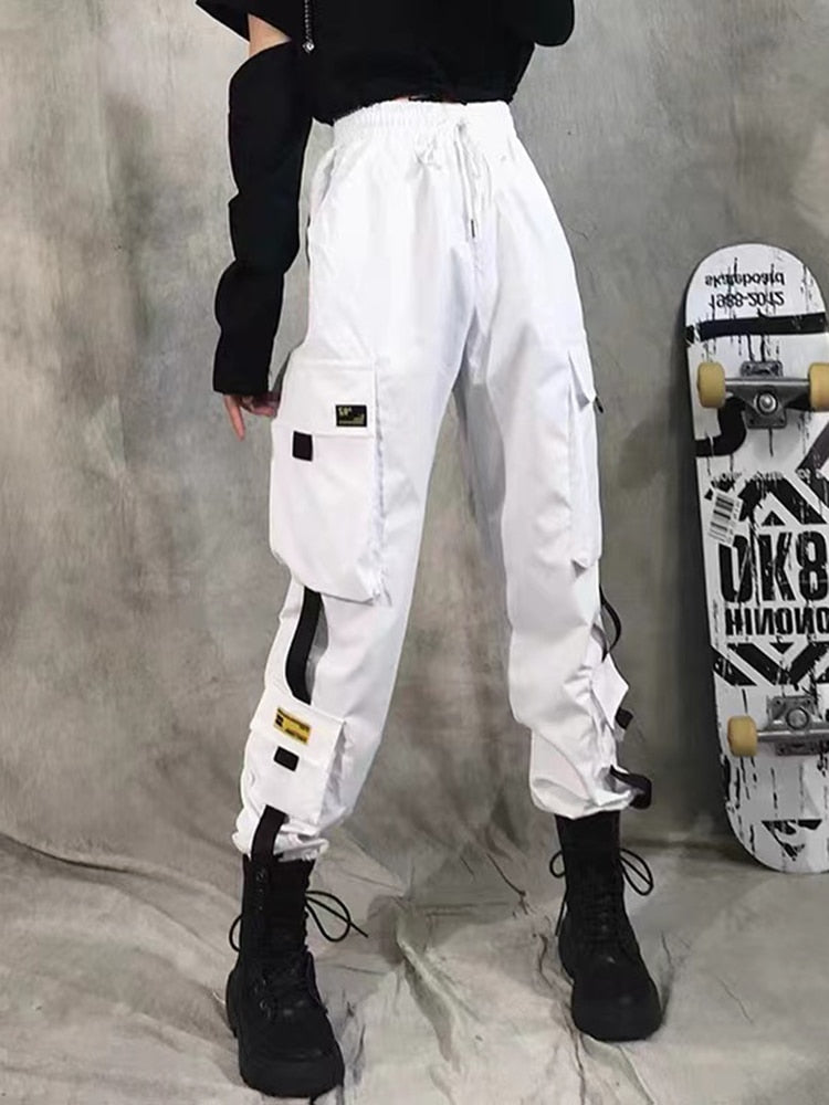 Women Cargo Pants 2021 Harem Pants Fashion Punk Pockets Jogger Trousers With Chain Harajuku Elastics High Waist Streetwear 0 DailyAlertDeals style 2 white S 