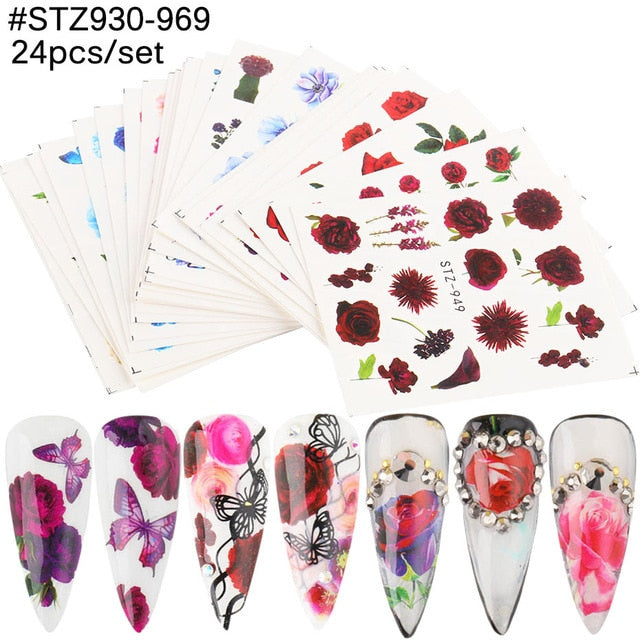 18-50Pcs/Set Mixed Design New Nail Art Sticker Set Black Lace Gold Silver Glitter Flower Water Decal Slider Wraps Decor Manicure Nail Sticker DailyAlertDeals STZ930-969(24pcs)  