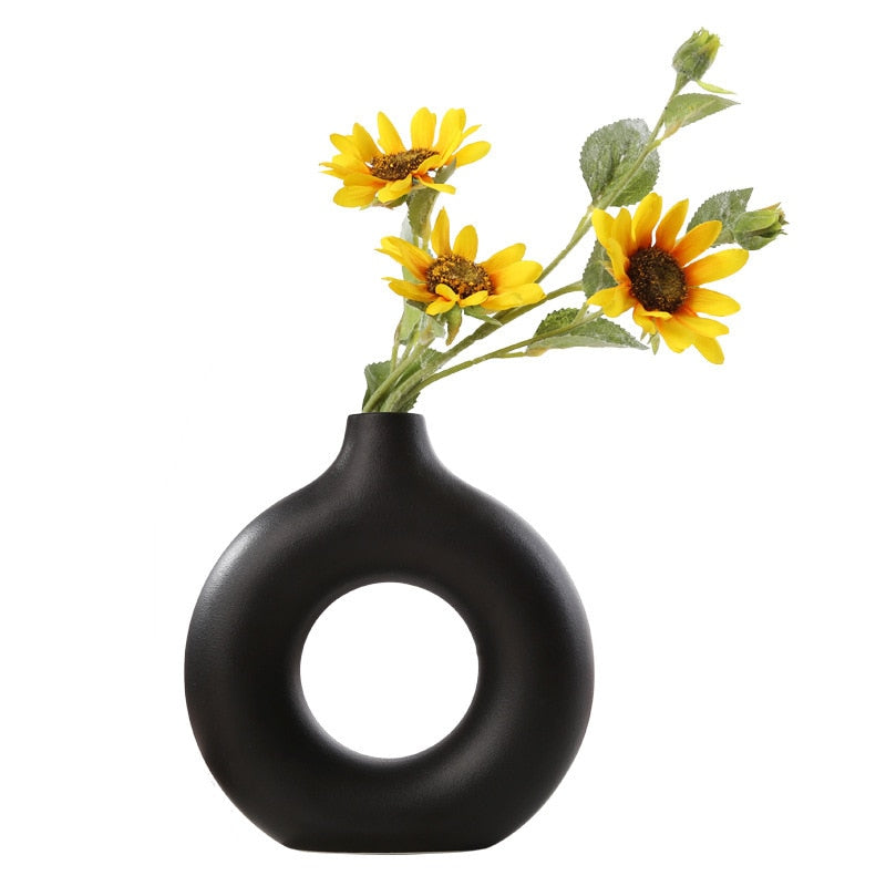 Nordic Vase Circular Hollow Ceramic Donuts Flower Pot Home Living Room Decoration Accessories Interior Office Desktop Decor Gift Vases DailyAlertDeals   