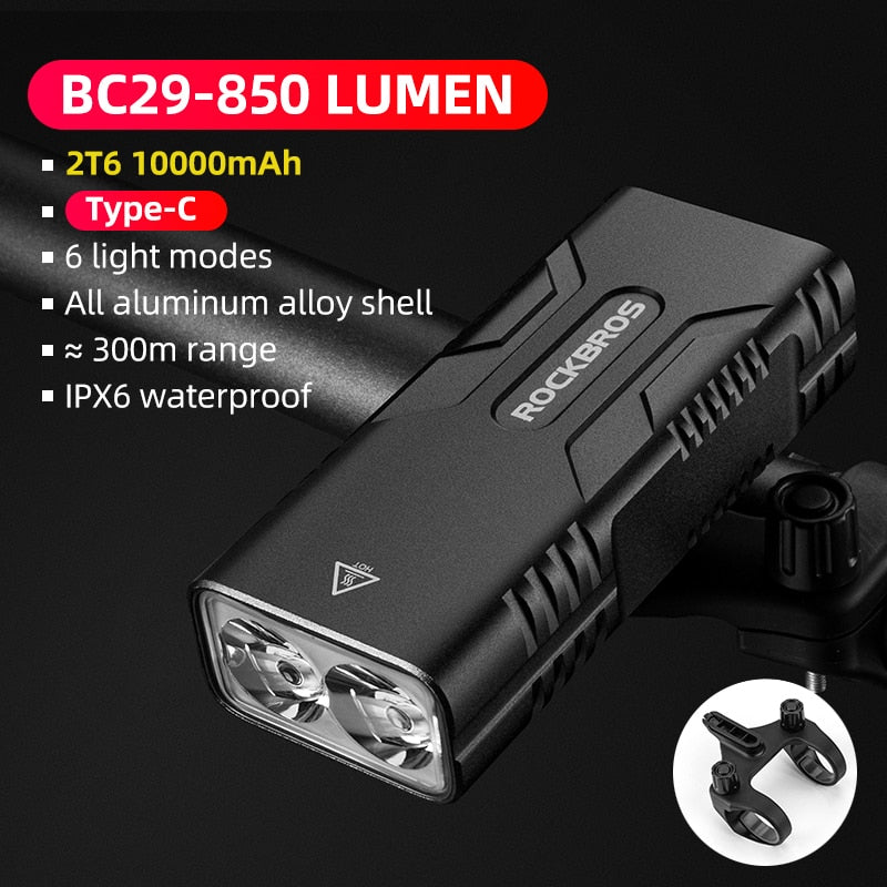 ROCKBROS Bike Light Rainproof Type-C Charging LED 2000mAh MTB Front Lamp Headlight Aluminum Ultralight Flashlight Bicycle Light USB Charging LED Flashlight for Bicycle DailyAlertDeals BC29-850LM Type-C China 