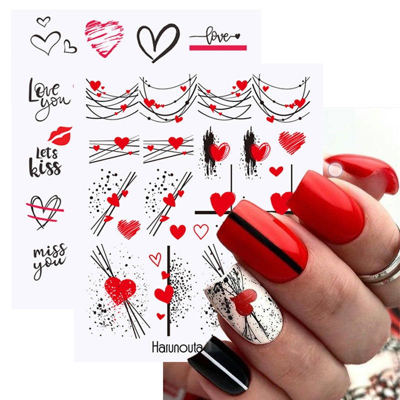 Harunouta Valentine Love Heart Line Dsign Water Nail Stickers Gold Black Leaves Flower Geometrics Slider For Nail Art Decoration Nail Stickers DailyAlertDeals   