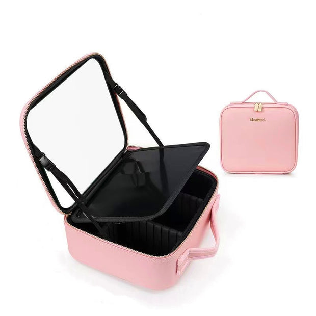 Women LED Light Cosmetic Bag 4K Full Screen Mirror Cosmetic Case Luxury PU Large Capacity Portable Travel Makeup Bags for Women Women LED Light Cosmetic Bag DailyAlertDeals NO LED Pink China 