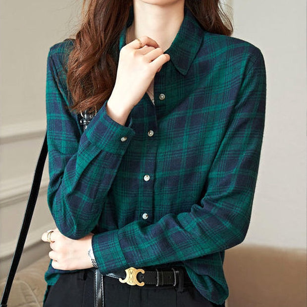 Thin Single Breasted Slim Women Shirt Office Lady Polo-neck Long Sleeve Button Women&#39;s Clothing Plaid Spring Autumn Korean Trend 0 DailyAlertDeals   