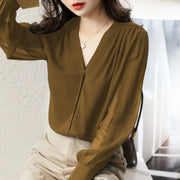 Elegant Summer Gauze Long Sleeve Solid Color Button V-neck Blouses Straight Loose Chiffon Thin Comfortable Women&#39;s Clothing 2022 0 DailyAlertDeals Khaki M 