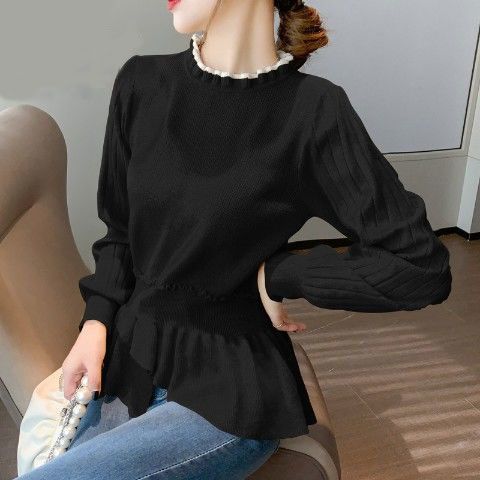 Fashion Ruffles Spliced Knitted Folds Asymmetrical Sweaters Women&#39;s Clothing 2022 Autumn New Loose Casual Pullovers Korean Tops 0 DailyAlertDeals Black XS 