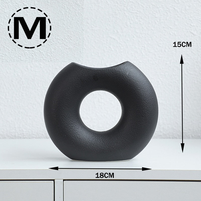 Nordic Modern Ceramic Vases for Decor Circular Hollow Donuts Vases for Flowers Pot Home Living Room Decoration Accessories Interior Office Desktop Decor Gift Vases DailyAlertDeals M - ban yue Hei  