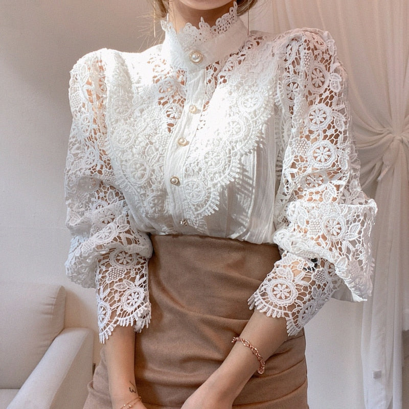 Chic Hollow Out Flower Lace Shirt Stand-Collar All-Match Summer Blouses 2022 Petal Sleeve Patchwork Women Top Femme Blusas 12419 0 DailyAlertDeals white S 