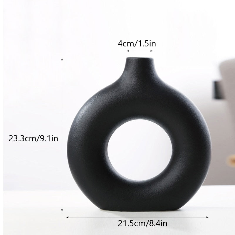 Nordic Modern Ceramic Vases for Decor Circular Hollow Donuts Vases for Flowers Pot Home Living Room Decoration Accessories Interior Office Desktop Decor Gift Vases DailyAlertDeals TTQ-BLACK-L  