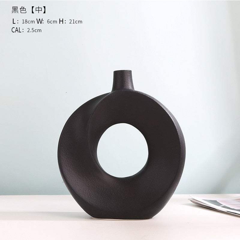 Nordic Modern Ceramic Vases for Decor Circular Hollow Donuts Vases for Flowers Pot Home Living Room Decoration Accessories Interior Office Desktop Decor Gift Vases DailyAlertDeals NIUWEN H P-B-M  