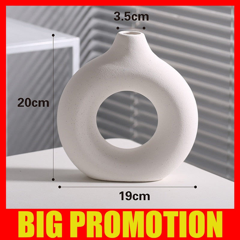 Nordic Modern Ceramic Vases for Decor Circular Hollow Donuts Vases for Flowers Pot Home Living Room Decoration Accessories Interior Office Desktop Decor Gift Vases DailyAlertDeals TTQ-WHITE-M  