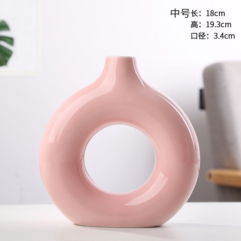 Nordic Modern Ceramic Vases for Decor Circular Hollow Donuts Vases for Flowers Pot Home Living Room Decoration Accessories Interior Office Desktop Decor Gift Vases DailyAlertDeals TTQ-PINK-M  