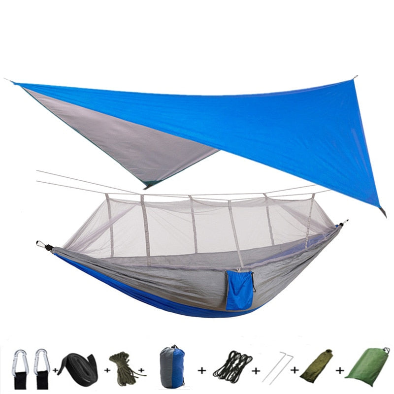 Lightweight Portable Camping Hammock and Tent Awning Rain Fly Tarp Waterproof Mosquito Net Hammock Canopy 210T Nylon Hammocks Camping Hammock and Tent DailyAlertDeals Blue and gray  