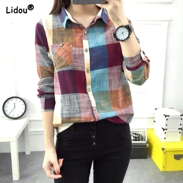 Office Lady Plaid Print Button Turn-down Collar Long Sleeve Straight Blouses Fashion Spring Autumn New Shirt Women&#39;s Clothing 0 DailyAlertDeals   