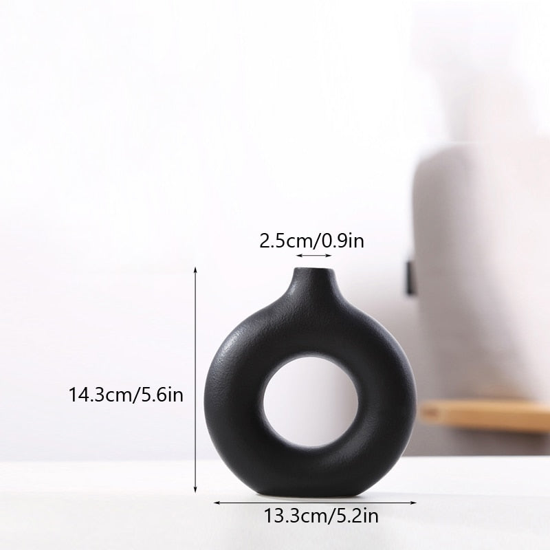 Nordic Modern Ceramic Vases for Decor Circular Hollow Donuts Vases for Flowers Pot Home Living Room Decoration Accessories Interior Office Desktop Decor Gift Vases DailyAlertDeals TTQ-BLACK-S  