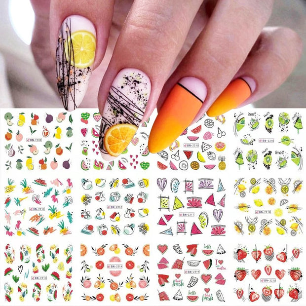 12 Designs Nail Stickers Set Mixed Floral Geometric Nail Art Water Transfer Decals Sliders Flower Leaves Manicures Decoration 0 DailyAlertDeals Fruit 02  