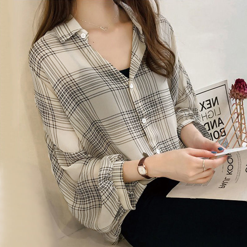 Fashion Casual Thin Chiffon Loose Batwing Sleeve Plaid Women Shirt 2022 Office Lady All-match Lapel Button Oversize Woman Blouse 0 DailyAlertDeals   