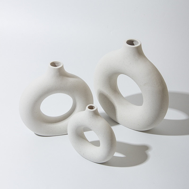 Nordic Vase Circular Hollow Ceramic Donuts Flower Pot Home Living Room Decoration Accessories Interior Office Desktop Decor Gift Vases DailyAlertDeals   