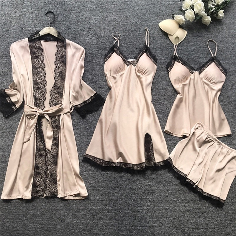 Sleepwear Female 5/4/2PCS Pajamas Set Sexy Satin Wedding Nightwear Rayon Home Wear Nighty Robe Suit  DailyAlertDeals 4PCS skin S 