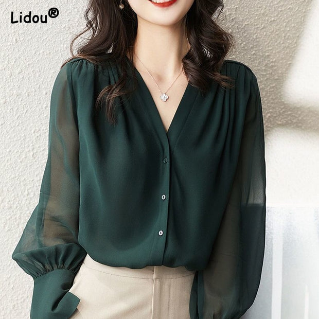 Elegant Summer Gauze Long Sleeve Solid Color Button V-neck Blouses Straight Loose Chiffon Thin Comfortable Women&#39;s Clothing 2022 0 DailyAlertDeals molv M 