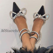 Glitter Rhinestones Women Pumps Crystal Bowknot Satin Sandals 2023 Summer Transparent Shoes High Heels Party Prom Designer Shoes  DailyAlertDeals Black 35 