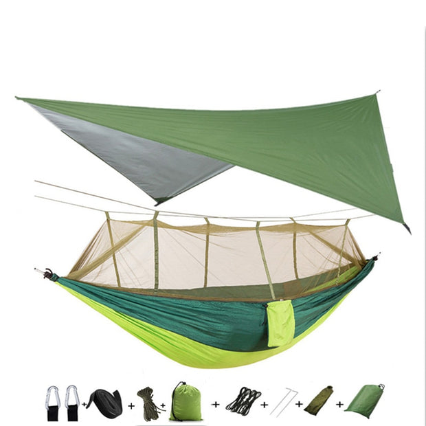 Lightweight Portable Camping Hammock and Tent Awning Rain Fly Tarp Waterproof Mosquito Net Hammock Canopy 210T Nylon Hammocks Camping Hammock and Tent DailyAlertDeals Green and lightgreen  