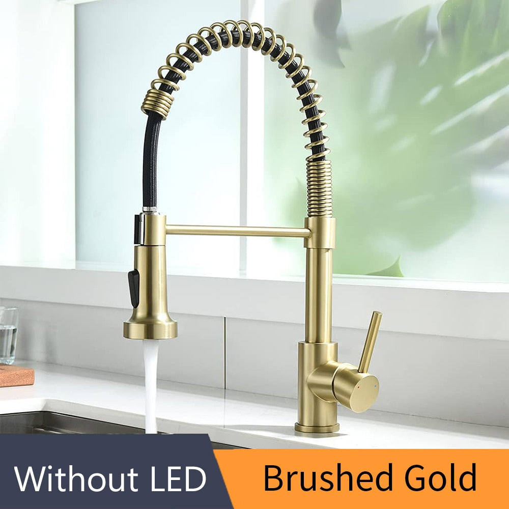 Kitchen Faucets Brush Brass Faucets for Kitchen Sink  Single Lever Pull Out Spring Spout Mixers Tap Hot Cold Water Crane 9009 Brass Faucets for Kitchen DailyAlertDeals Brushed Gold China 
