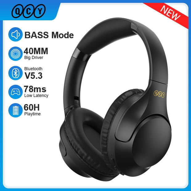 H2 Wireless Headphone Bluetooth 5.3 Earphone BASS HIFI Stereo Headset 78ms Low Latency for Music Gaming 60-Hour Playtime headphones DailyAlertDeals   