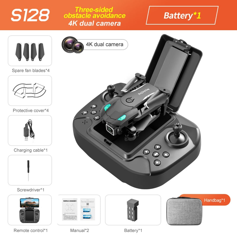 S128 Mini Drone 4K HD Camera Three-sided Obstacle Avoidance Air Pressure Fixed Height Professional Foldable Quadcopter Toys S128 Mini Drone 4K HD Camera DailyAlertDeals Black Dual4K Bag 1B China 
