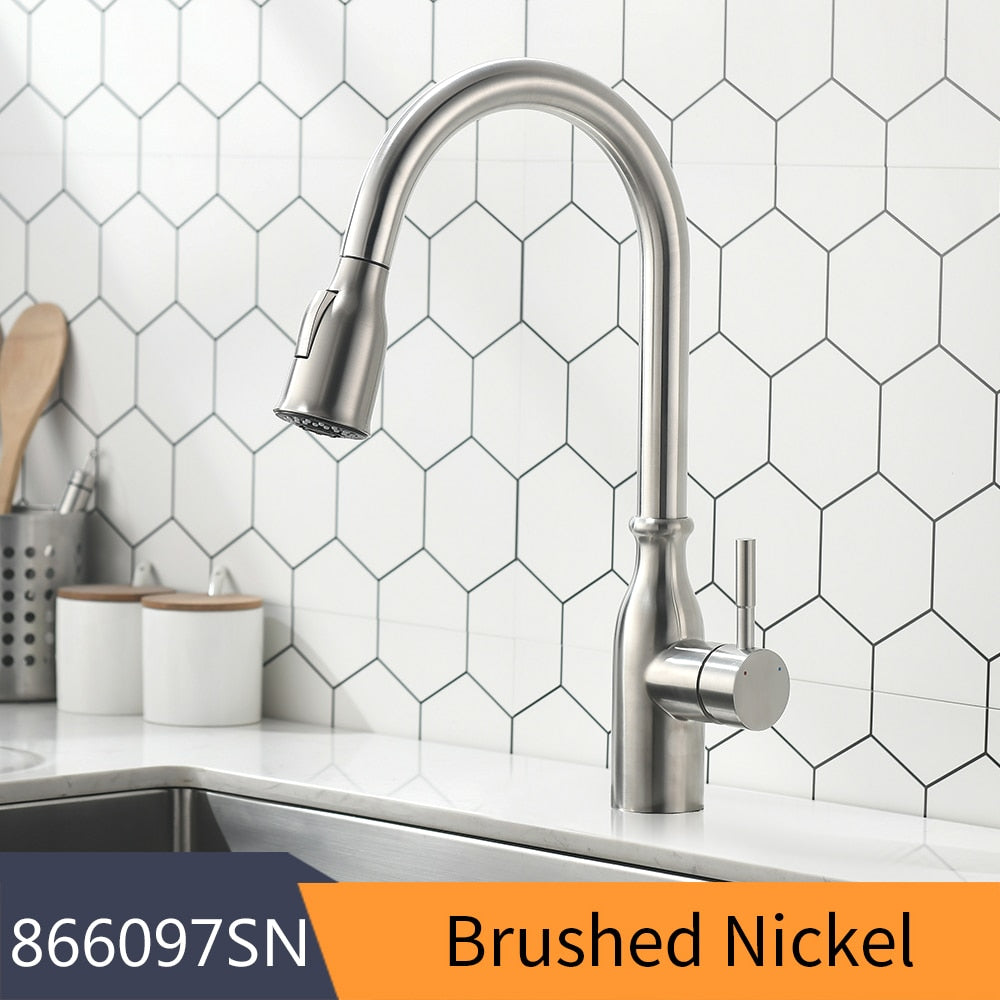 Kitchen Faucets Brush Brass Faucets for Kitchen Sink  Single Lever Pull Out Spring Spout Mixers Tap Hot Cold Water Crane 9009 Brass Faucets for Kitchen DailyAlertDeals 866097-Brushed China 