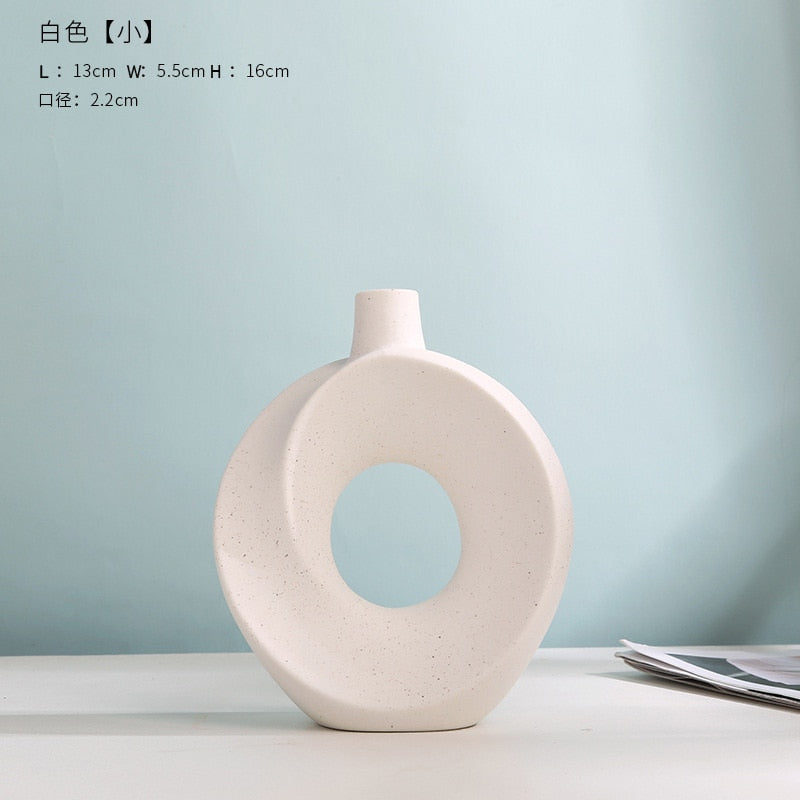 Nordic Modern Ceramic Vases for Decor Circular Hollow Donuts Vases for Flowers Pot Home Living Room Decoration Accessories Interior Office Desktop Decor Gift Vases DailyAlertDeals NIUWEN H P-W-S  