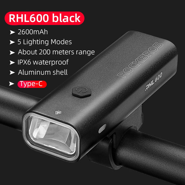 ROCKBROS Bike Light Rainproof Type-C Charging LED 2000mAh MTB Front Lamp Headlight Aluminum Ultralight Flashlight Bicycle Light USB Charging LED Flashlight for Bicycle DailyAlertDeals RHL600 black Type-C China 