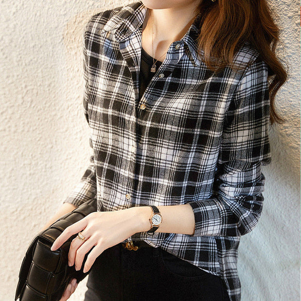 Thin Single Breasted Slim Women Shirt Office Lady Polo-neck Long Sleeve Button Women&#39;s Clothing Plaid Spring Autumn Korean Trend 0 DailyAlertDeals Black M 