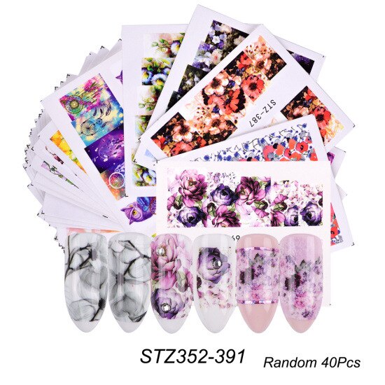 18-50Pcs/Set Mixed Design New Nail Art Sticker Set Black Lace Gold Silver Glitter Flower Water Decal Slider Wraps Decor Manicure Nail Sticker DailyAlertDeals STZ352-391 (40pcs)  