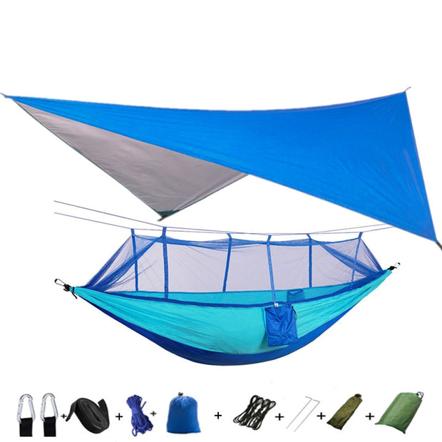 Lightweight Portable Camping Hammock and Tent Awning Rain Fly Tarp Waterproof Mosquito Net Hammock Canopy 210T Nylon Hammocks Camping Hammock and Tent DailyAlertDeals Blue and blue  