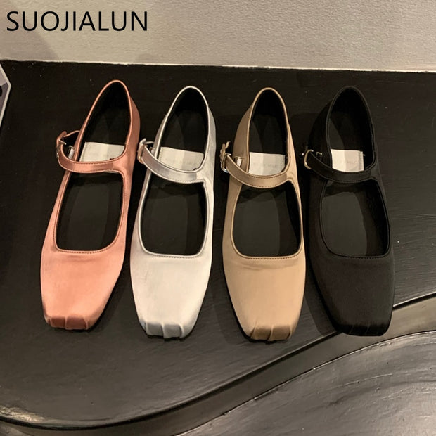 SUOJIALUN 2023 Spring New Women Flat Shoes Fashion Silk Square Toe Shallow Ladies Ballet Shoes Soft Casual Flat Mary Jane Shoes 0 DailyAlertDeals   