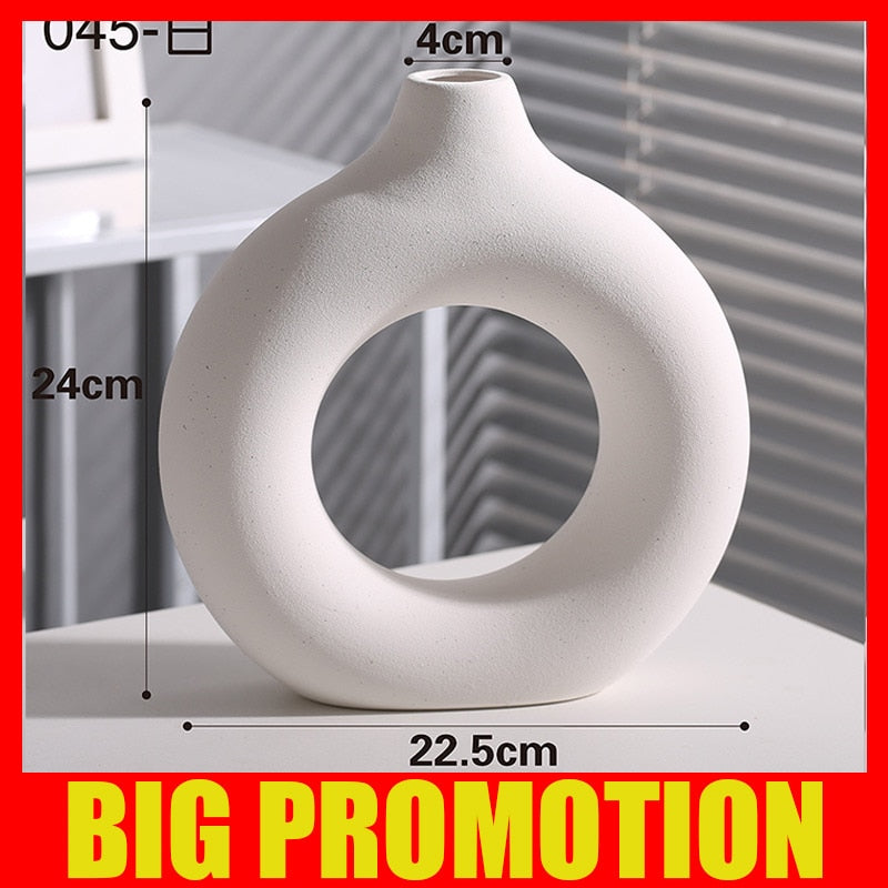 Nordic Modern Ceramic Vases for Decor Circular Hollow Donuts Vases for Flowers Pot Home Living Room Decoration Accessories Interior Office Desktop Decor Gift Vases DailyAlertDeals TTQ-WHITE-L  