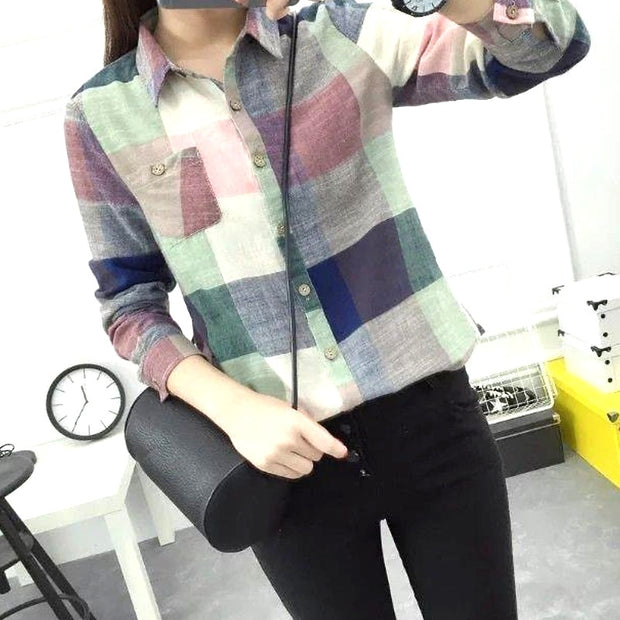 Office Lady Plaid Print Button Turn-down Collar Long Sleeve Straight Blouses Fashion Spring Autumn New Shirt Women&#39;s Clothing 0 DailyAlertDeals   