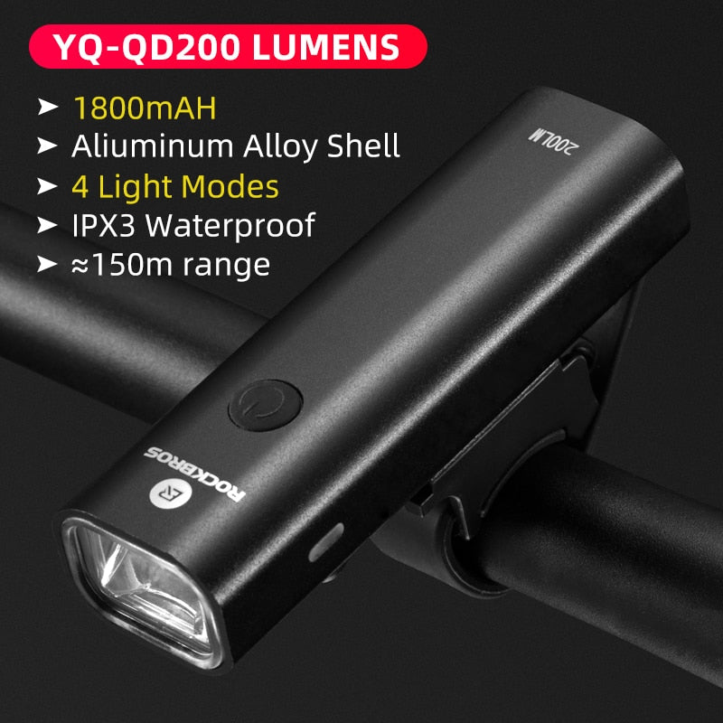 ROCKBROS Bike Light Rainproof Type-C Charging LED 2000mAh MTB Front Lamp Headlight Aluminum Ultralight Flashlight Bicycle Light USB Charging LED Flashlight for Bicycle DailyAlertDeals YQ-QD200LM USB China 