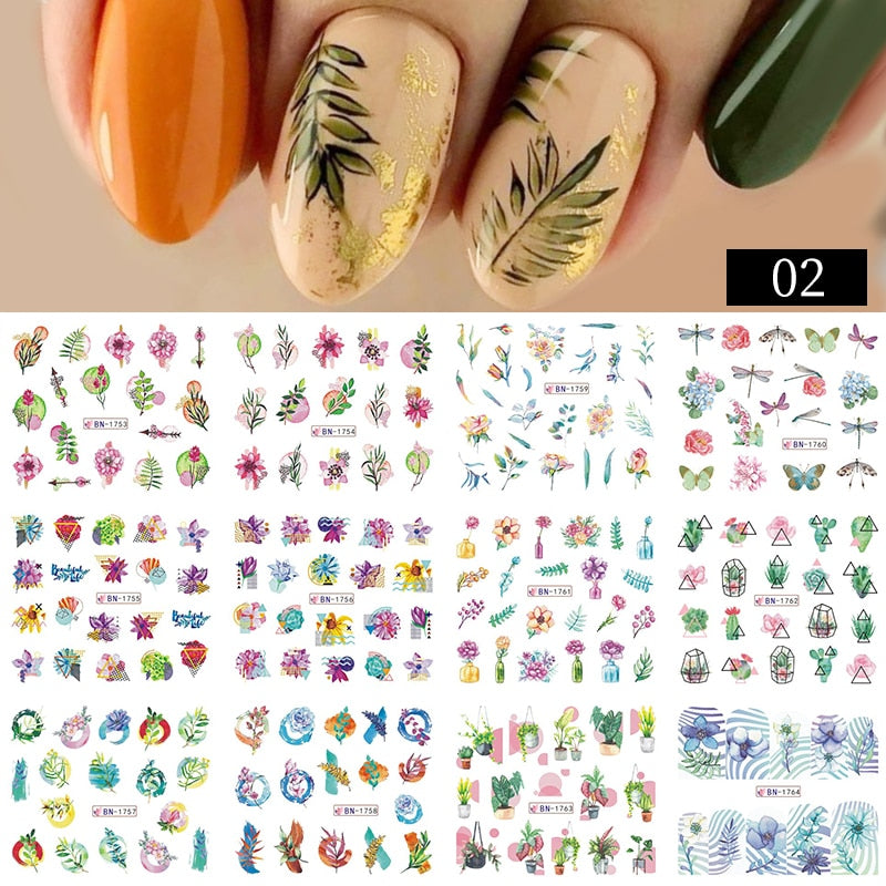 12 Designs Nail Stickers Set Mixed Floral Geometric Nail Art Water Transfer Decals Sliders Flower Leaves Manicures Decoration 0 DailyAlertDeals