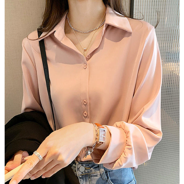 Elegant Fashion Korean White Long Sleeve Covered Button Comfortable Blouses Straight Loose Wild Solid Color Shirt Women Clothing 0 DailyAlertDeals Pink S 