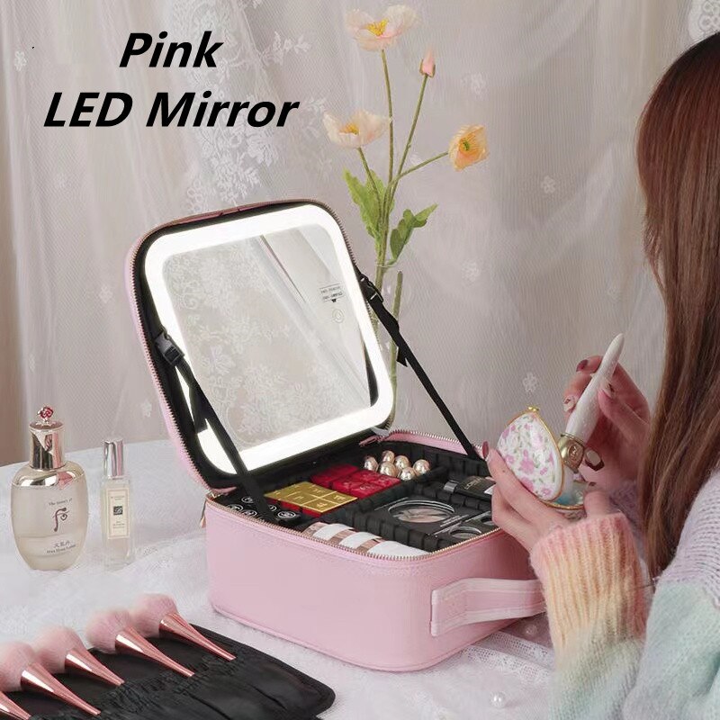 Women LED Light Cosmetic Bag 4K Full Screen Mirror Cosmetic Case Luxury PU Large Capacity Portable Travel Makeup Bags for Women Women LED Light Cosmetic Bag DailyAlertDeals LED Pink China 
