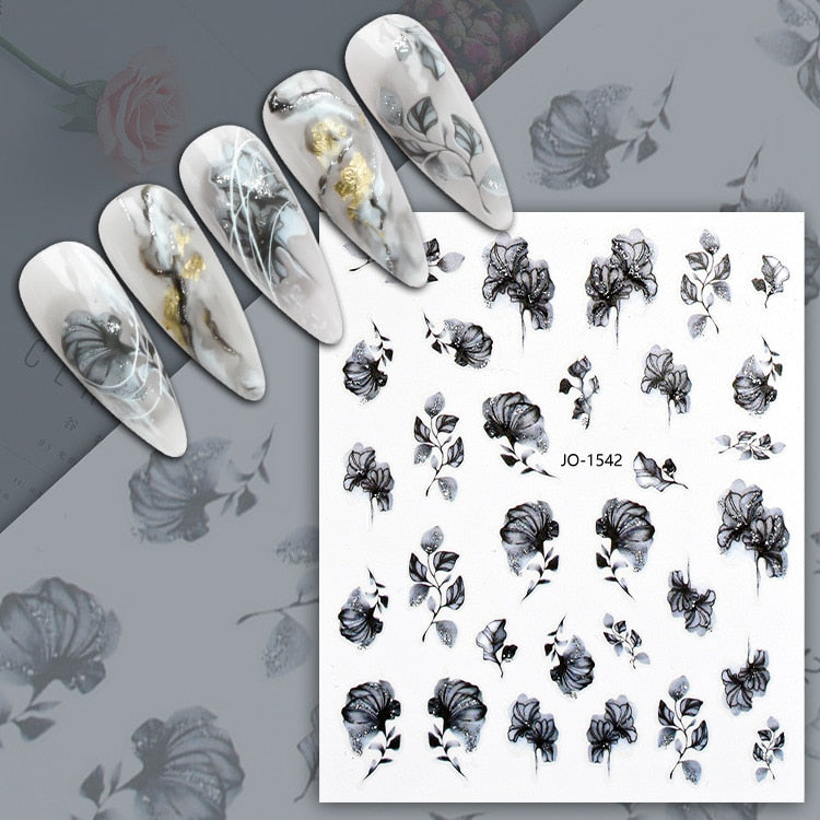 Harunouta Blooming Ink Marble 3D Nail Sticker Decals Leaves Heart Transfer Nail Sliders Abstract Geometric Line Nail Water Decal nail decal stickers DailyAlertDeals JO-1542  