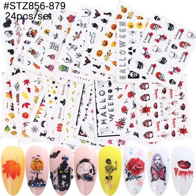 18-50Pcs/Set Mixed Design New Nail Art Sticker Set Black Lace Gold Silver Glitter Flower Water Decal Slider Wraps Decor Manicure Nail Sticker DailyAlertDeals STZ856-879(24pcs)  