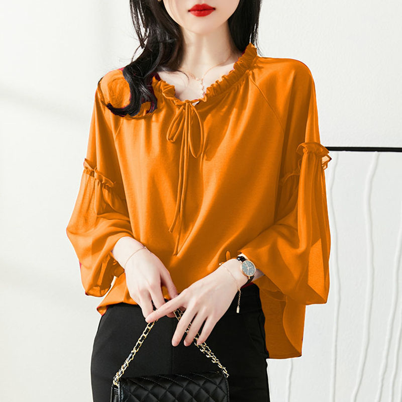 Elegant Fashion V-neck Loose Butterfly Sleeve Blouses Female Solid Color Chiffon Thin Shirts 6XL Oversize Women Clothing 2022 0 DailyAlertDeals Yellow L 