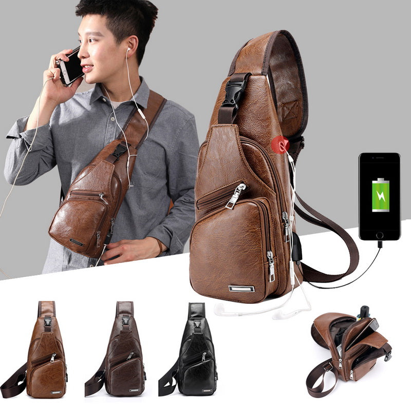 Men USB Charging Bag Men Chest Bag for Custom PU PVC Shoulder Bag Diagonal Package Messenger Travel Bag Cross Body Bags men's fashion Orange Felix   