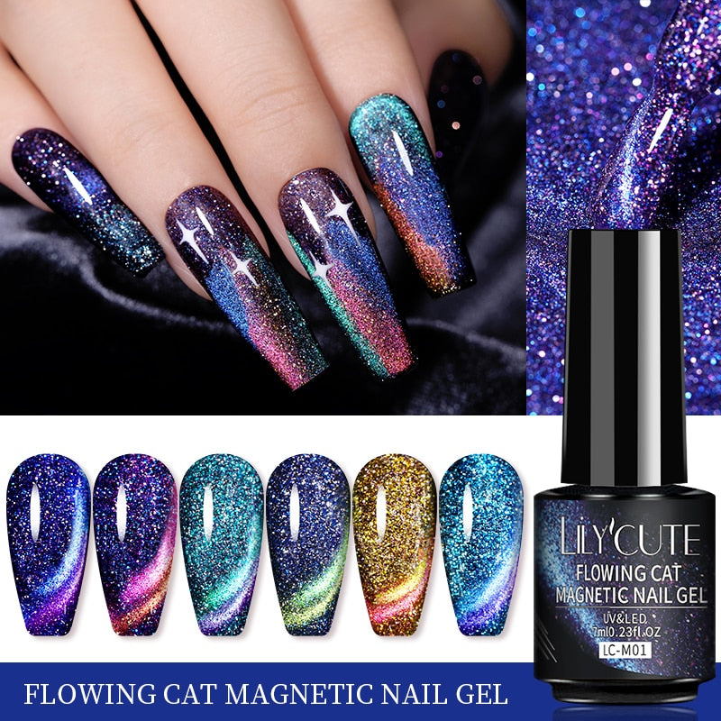 LILYCUTE 7ml Flowing Cat Magnetic Gel Polish Semi Permanent Glitter Magnetic nail polish hozanas4life   